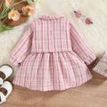 2pcs Baby Girl Button Front Pink Tweed Cardigan and Long-sleeve Spliced Dress Set Pink