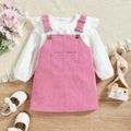 2pcs Toddler Girl Statement Collar Hollow out Long-sleeve White Blouse and Pink Overall Dress Set Light Pink