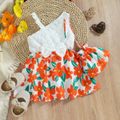2pcs Baby Girl Lace Spliced Floral Print One Shoulder snap Cami Dress with Crossbody Bag Set Orange