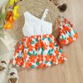 2pcs Baby Girl Lace Spliced Floral Print One Shoulder snap Cami Dress with Crossbody Bag Set Orange