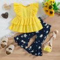2pcs Baby Girl Solid Eyelet Embroidered Ruffle Trim Layered Tank Top and Allover Daisy Floral Print Flared Pants Set Yellow