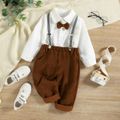 2pcs Toddler Boy Gentleman Suit, Lapel Collar Bow tie Design Shirt and Suspender Pants Set Brown