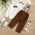 2pcs Toddler Boy Gentleman Suit, Lapel Collar Bow tie Design Shirt and Suspender Pants Set Brown