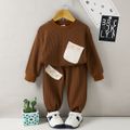 2pcs Toddler Boy Pocket Design Waffle Pullover Sweatshirt and Elasticized Pants Set Brown