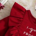 2pcs Baby Girl Long-sleeve Ruffle Bowknot Decor Letter & Floral Print Spliced Dress with Headband Set Burgundy