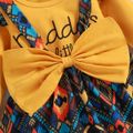 3pcs Baby Girl Long-sleeve Letter Print Romper and Bow Front Boho Suspender Skirt with Headband Set Ginger-2