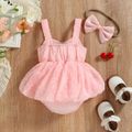 Baby Girl Solid Jacquard Layered Sleeveless Pink Romper with Headband Set Light Pink