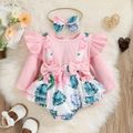 2pcs Baby Girl 95% Cotton Long-sleeve Rib Knit Bow Front Spliced Palm Leaf Print Layered Ruffle Romper with Headband Set Pink image 1