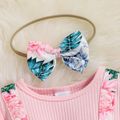 2pcs Baby Girl 95% Cotton Long-sleeve Rib Knit Bow Front Spliced Palm Leaf Print Layered Ruffle Romper with Headband Set Pink image 3