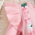 2pcs Baby Girl 95% Cotton Long-sleeve Rib Knit Bow Front Spliced Palm Leaf Print Layered Ruffle Romper with Headband Set Pink image 4