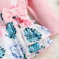 2pcs Baby Girl 95% Cotton Long-sleeve Rib Knit Bow Front Spliced Palm Leaf Print Layered Ruffle Romper with Headband Set Pink image 5