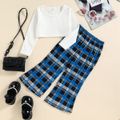 2pcs Toddler Girl Ribbed Long-sleeve White Crop Tee and Plaid Flared Pants Set Blue