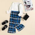 2pcs Toddler Girl Ribbed Long-sleeve White Crop Tee and Plaid Flared Pants Set Blue