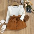 2pcs Toddler Girl Trendy Ruffled Ribbed Tee and Button Design Corduroy Skirt Set White image 1