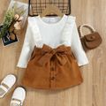 2pcs Toddler Girl Trendy Ruffled Ribbed Tee and Button Design Corduroy Skirt Set White image 5