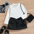 2pcs Toddler Girl Ribbed Irregular Hem Long-sleeve White Tee and Faux Leather Skirt Set White image 1