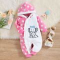 Baby Girl Elephant Embroidered Polka Dots Spliced Hooded Long-sleeve Thermal Fuzzy Jumpsuit Pink