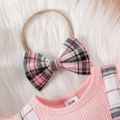 2pcs Baby Girl 95% Cotton Long-sleeve Rib Knit Ruffle Trim Bow Front Spliced Plaid Romper with Headband Set Pink