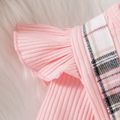 2pcs Baby Girl 95% Cotton Long-sleeve Rib Knit Ruffle Trim Bow Front Spliced Plaid Romper with Headband Set Pink image 4