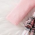2pcs Baby Girl 95% Cotton Long-sleeve Rib Knit Ruffle Trim Bow Front Spliced Plaid Romper with Headband Set Pink