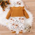 2pcs Baby Girl 95% Cotton Long-sleeve Faux-two Rib Knit Ruffle Trim Bow Front Spliced Floral Print Jumpsuit with Headband Set Brown