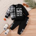 2pcs Baby Boy Letter Print Long-sleeve Plaid Spliced Sweatshirt and Sweatpants Set Black image 1