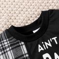 2pcs Baby Boy Letter Print Long-sleeve Plaid Spliced Sweatshirt and Sweatpants Set Black image 4
