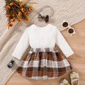 2pcs Baby Girl Long-sleeve Faux-two Rib Knit Spliced Plaid Bow Front Dress with Dress Set White