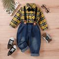 2pcs Toddler Boy Gentleman Suit, Suspender Denim Jeans and Plaid Lapel Collar Shirt Set Yellow image 1