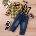 2pcs Toddler Boy Gentleman Suit, Suspender Denim Jeans and Plaid Lapel Collar Shirt Set Yellow image 2