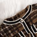 2pcs Baby Girl Long-sleeve Contrast Binding Brown Plaid Tweed Button Front Cardigan and Skirt Set Brown