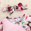 2pcs Baby Girl Bear Embroidered Spliced Floral Print Long-sleeve Jumpsuit with Headband Set Light Pink