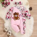 2pcs Baby Girl Bear Embroidered Spliced Floral Print Long-sleeve Jumpsuit with Headband Set Light Pink