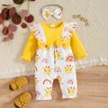 2pcs Baby Girl 95% Cotton Long-sleeve Rib Knit Spliced Animal Print Ruffle Trim Pretty with Headband Set Yellow