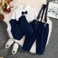 3pcs Baby Boy Party Outfits Gentleman Bow Tie Long-sleeve Shirt and Solid Waistcoat with Suspender Pants Set Blue image 2