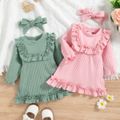 2pcs Baby Girl Solid Rib Knit Ruffle Trim Long-sleeve Dress with Headband Set Pink image 2