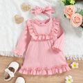 2pcs Baby Girl Solid Rib Knit Ruffle Trim Long-sleeve Dress with Headband Set Pink