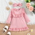 2pcs Baby Girl Solid Rib Knit Ruffle Trim Long-sleeve Dress with Headband Set Pink image 4