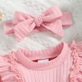 2pcs Baby Girl Solid Rib Knit Ruffle Trim Long-sleeve Dress with Headband Set Pink image 5