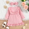 2pcs Baby Girl Solid Rib Knit Ruffle Trim Long-sleeve Dress with Headband Set Pink image 3