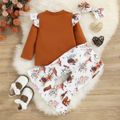 3pcs Baby Girl 95% Cotton Long-sleeve Letter Print Ruffle Trim Tee and Allover Animal Print Flared Pants with Headband Set Brown