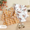 2-Pack Baby Girl Ruffle Trim Bowknot Decor Long-sleeve Plaid and Floral Print Dresses Set MultiColour