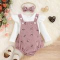 3pcs Baby Girl 95% Cotton Long-sleeve Solid Rib Knit Ruffle Trim Top and Floral Print Romper with Headband Set White image 1