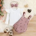 3pcs Baby Girl 95% Cotton Long-sleeve Solid Rib Knit Ruffle Trim Top and Floral Print Romper with Headband Set White image 2