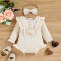 2pcs Baby Girl 95% Cotton Rib Knit Ruffle Trim Bowknot Button Front Long-sleeve Romper with Headband Set Beige