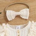 2pcs Baby Girl 95% Cotton Rib Knit Ruffle Trim Bowknot Button Front Long-sleeve Romper with Headband Set Beige image 3