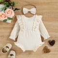 2pcs Baby Girl 95% Cotton Rib Knit Ruffle Trim Bowknot Button Front Long-sleeve Romper with Headband Set Beige image 2