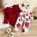 3pcs Baby Girl Lace Spliced Rib Knit Ruffle Trim Long-sleeve Romper and Floral Print Pants with Headband Set Red
