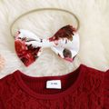 3pcs Baby Girl Lace Spliced Rib Knit Ruffle Trim Long-sleeve Romper and Floral Print Pants with Headband Set Red