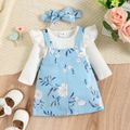 3pcs Baby Girl Solid Rib Knit Ruffle Trim Long-sleeve Top and Floral Print Overall Dress with Headband Set White image 1
